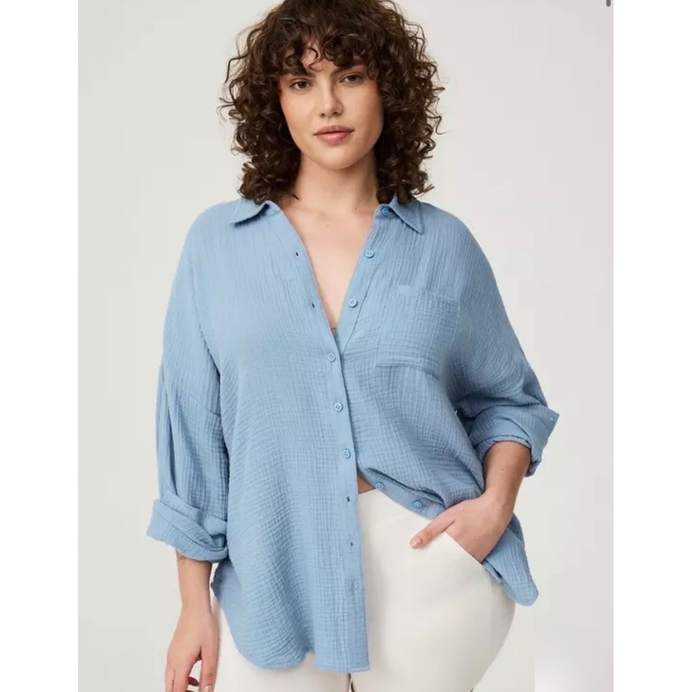 Torrid Cotton Gauze Button‎ Down Shirt Top Plus Size 2X Blue Drop Shoulder